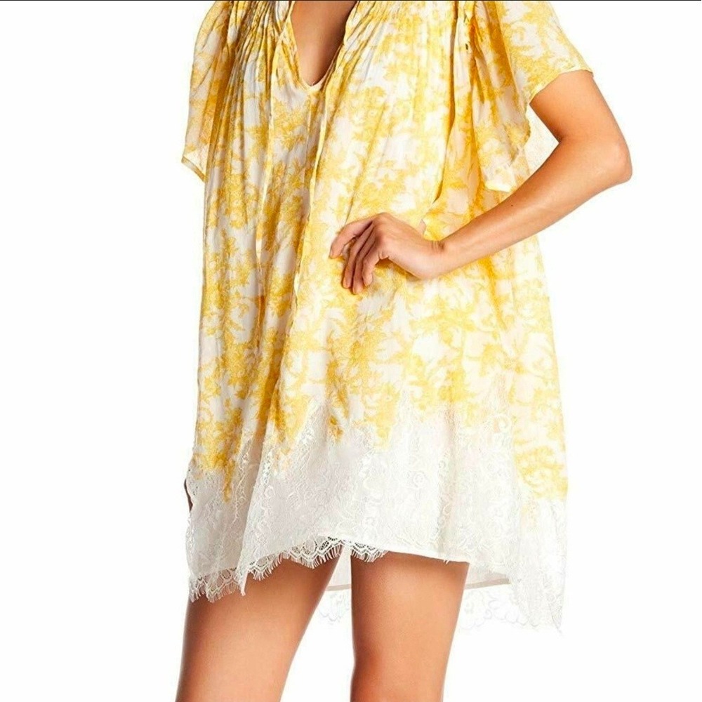 NWT Free People Boho Yellow Floral Lace Hem Mini Dress Marigold Romantic Feminin
